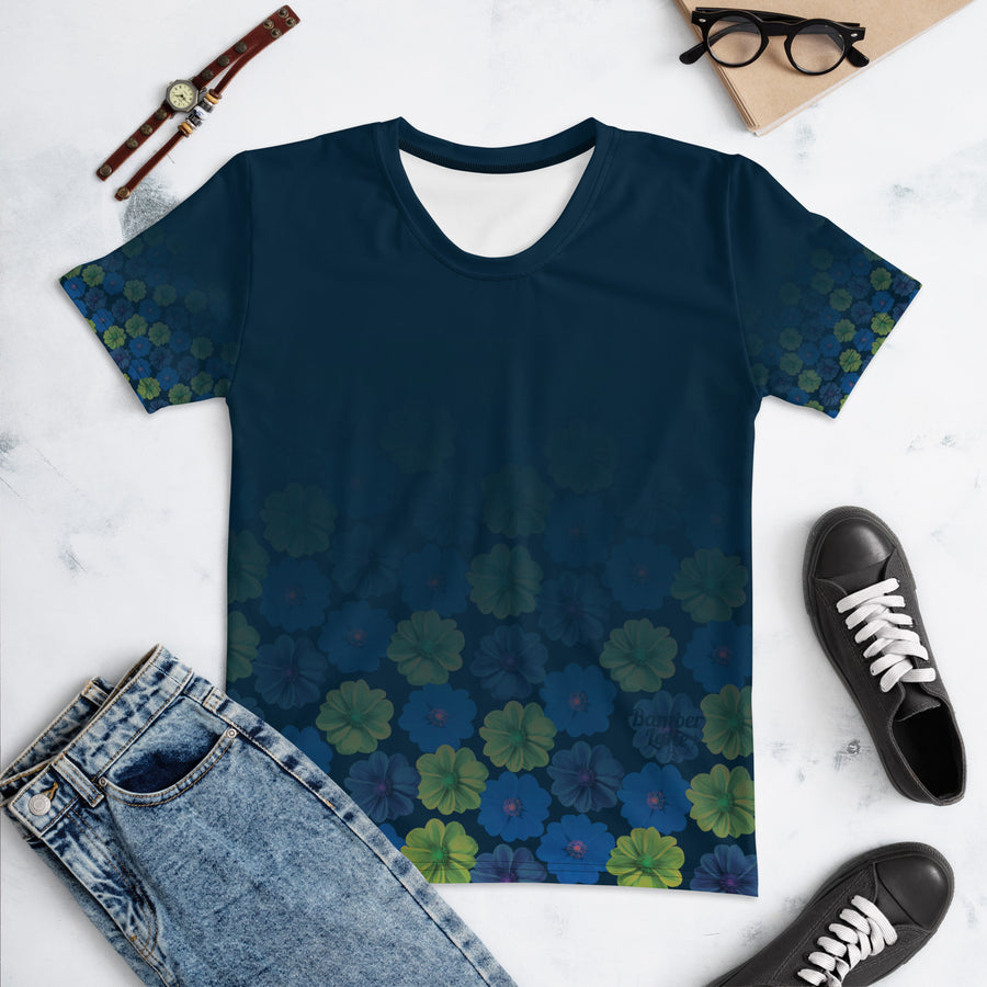 Women's-moisture-wicking-navy-blue-floral-tee