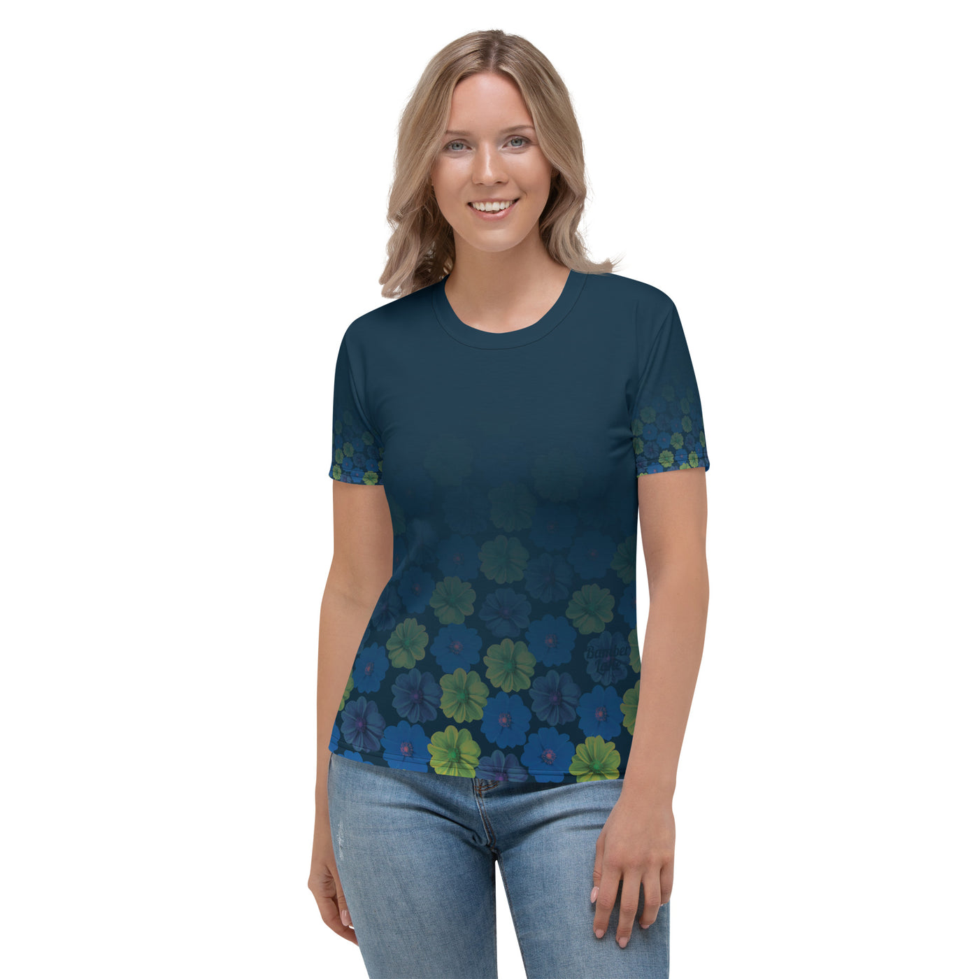 Women's-moisture-wicking-navy-blue-floral-tee