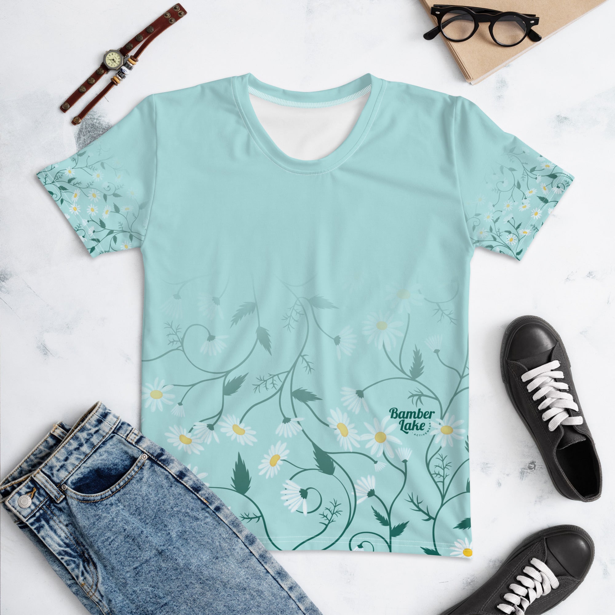 Women's-moisture-wicking-blue-floral-tee