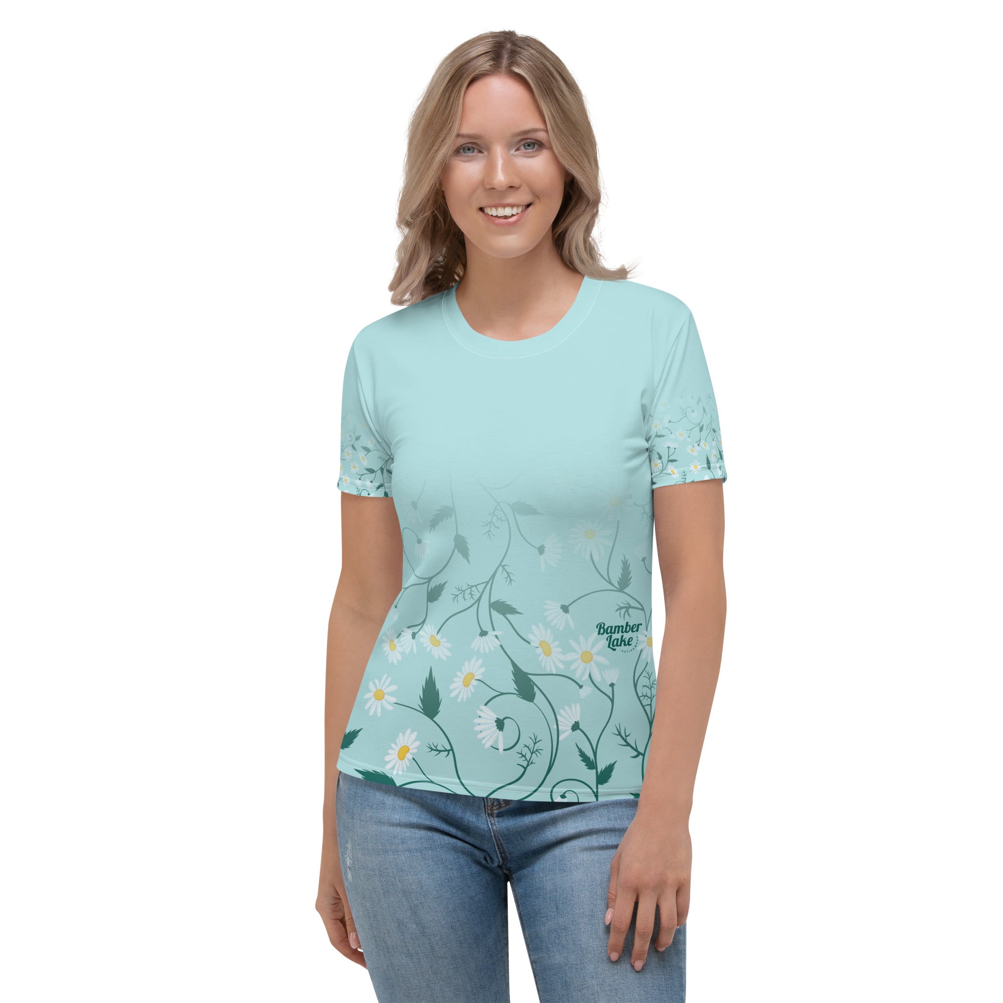 Women's-moisture-wicking-blue-floral-tee