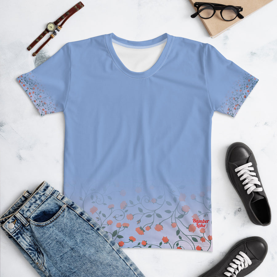 Women's-moisture-wicking-blue-floral-tee