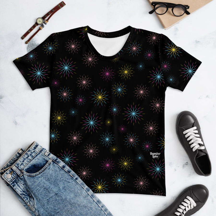 Women's-moisture-wicking-black-multicolor-starburts-tee