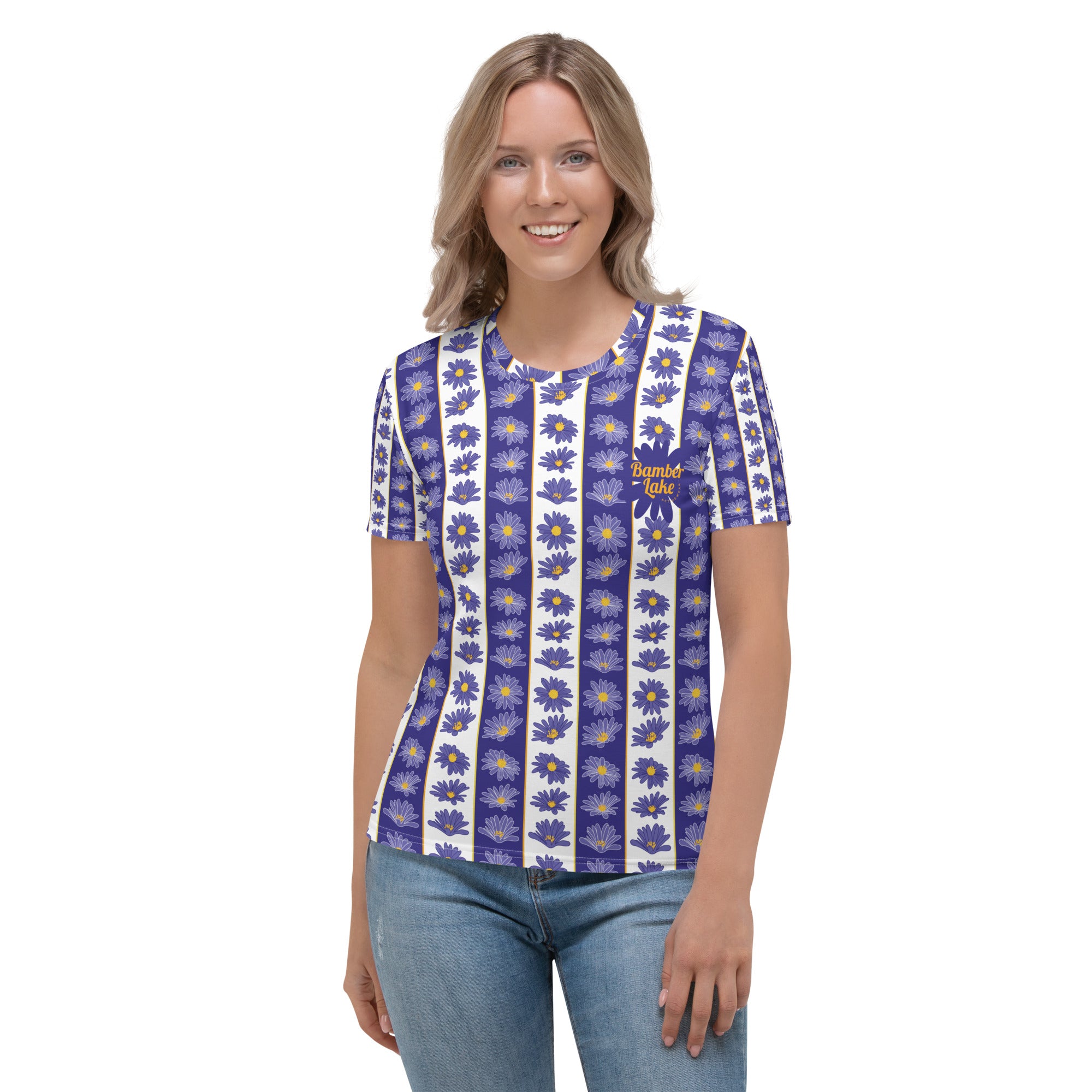 Women's moisture-wicking white and purple striped floral tee