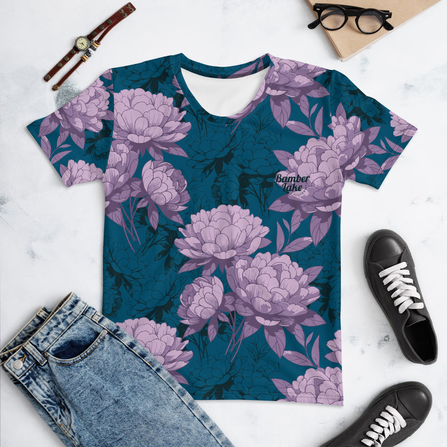 Women's-moisture-wicking-blue-floral-tee