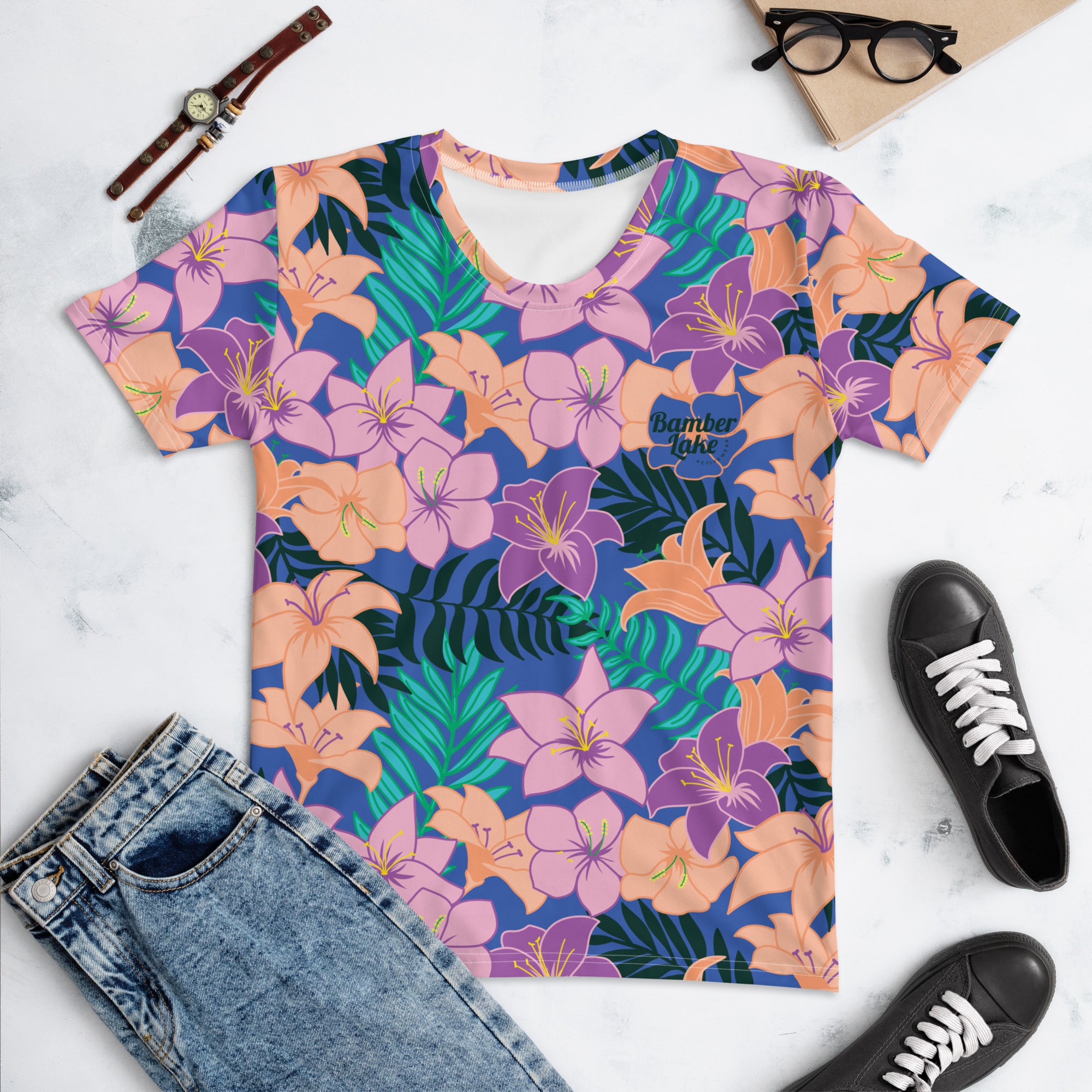 Women's-moisture-wicking-blue-floral-tee