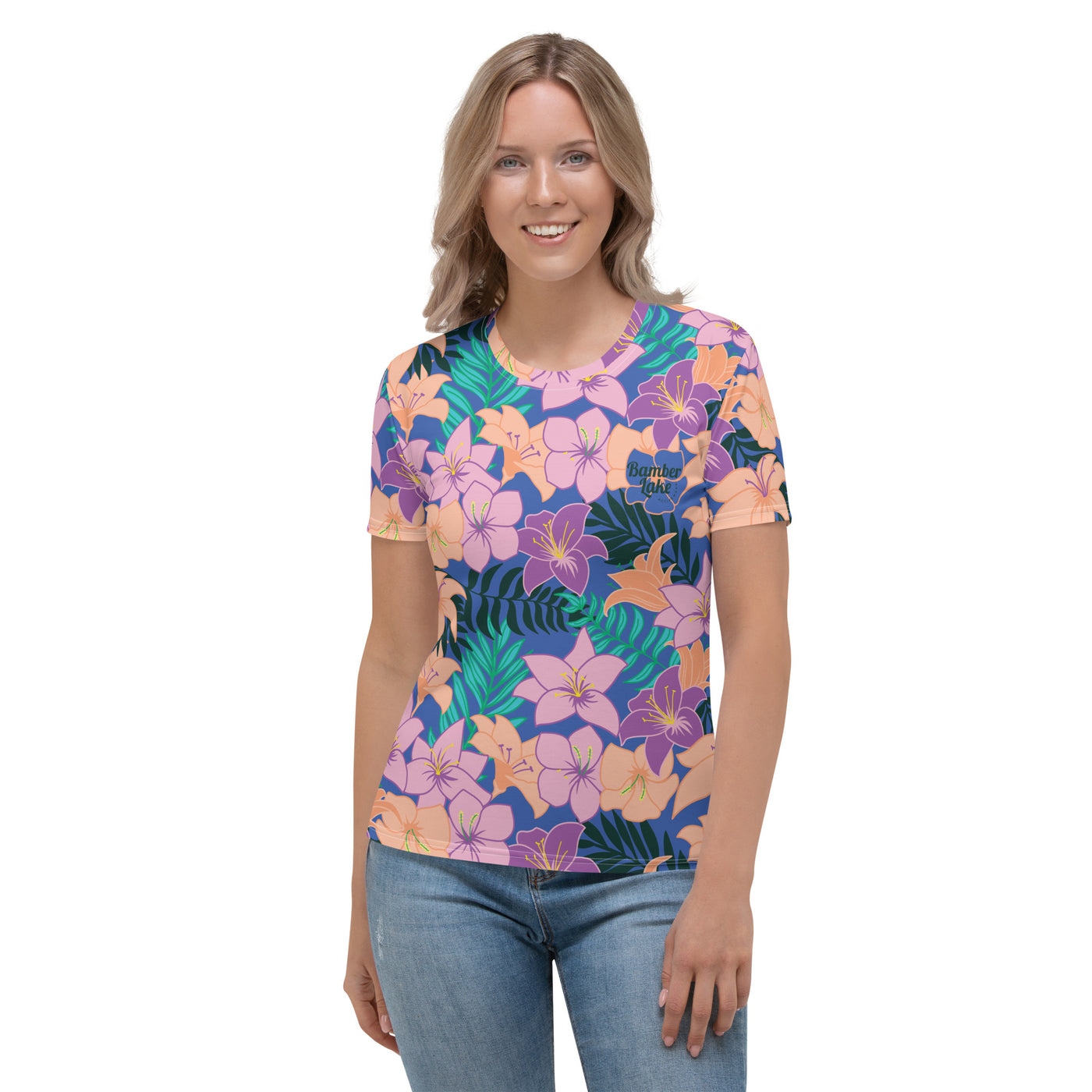 Women's-moisture-wicking-blue-floral-tee