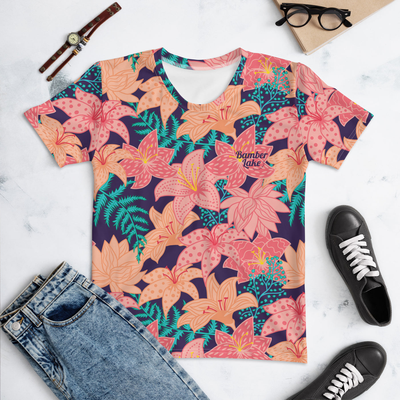 Women's-moisture-wicking-navy-blue-floral-tee