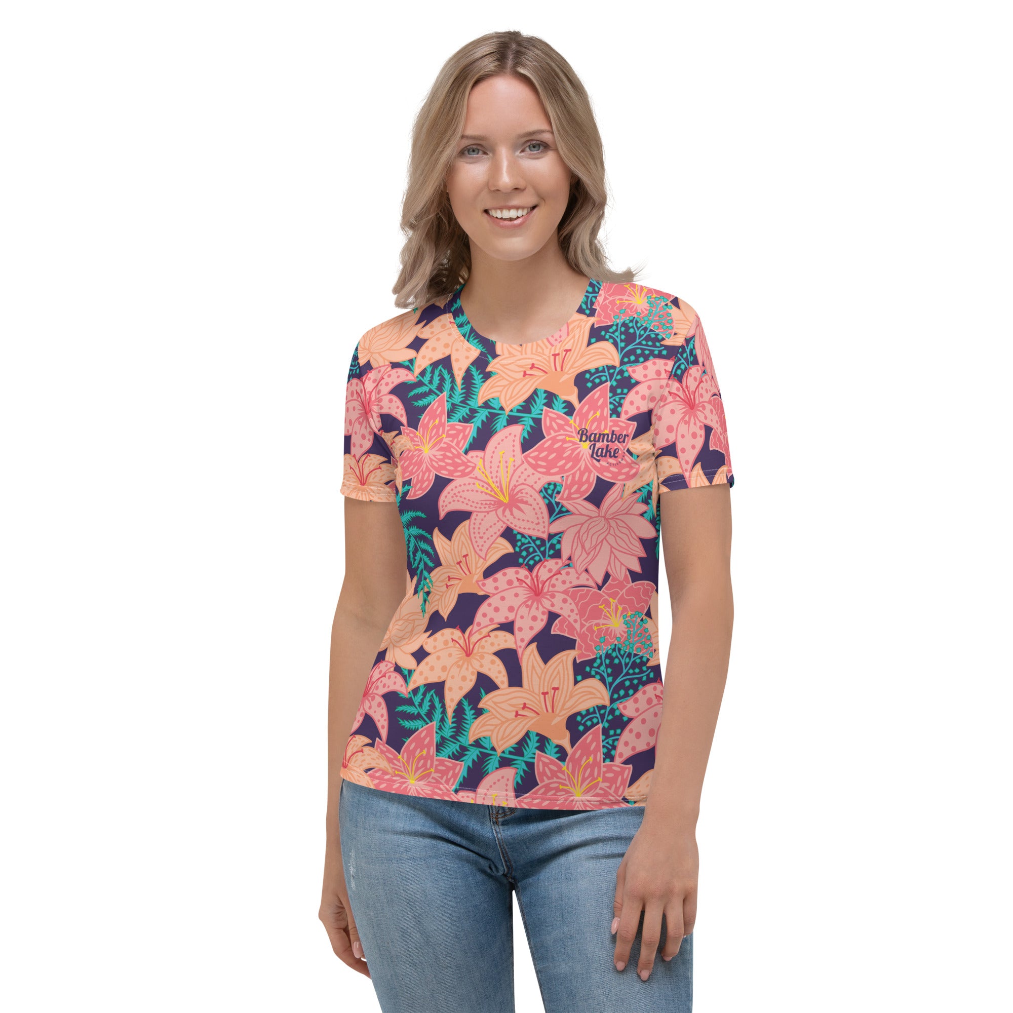 Women's-moisture-wicking-navy-blue-floral-tee