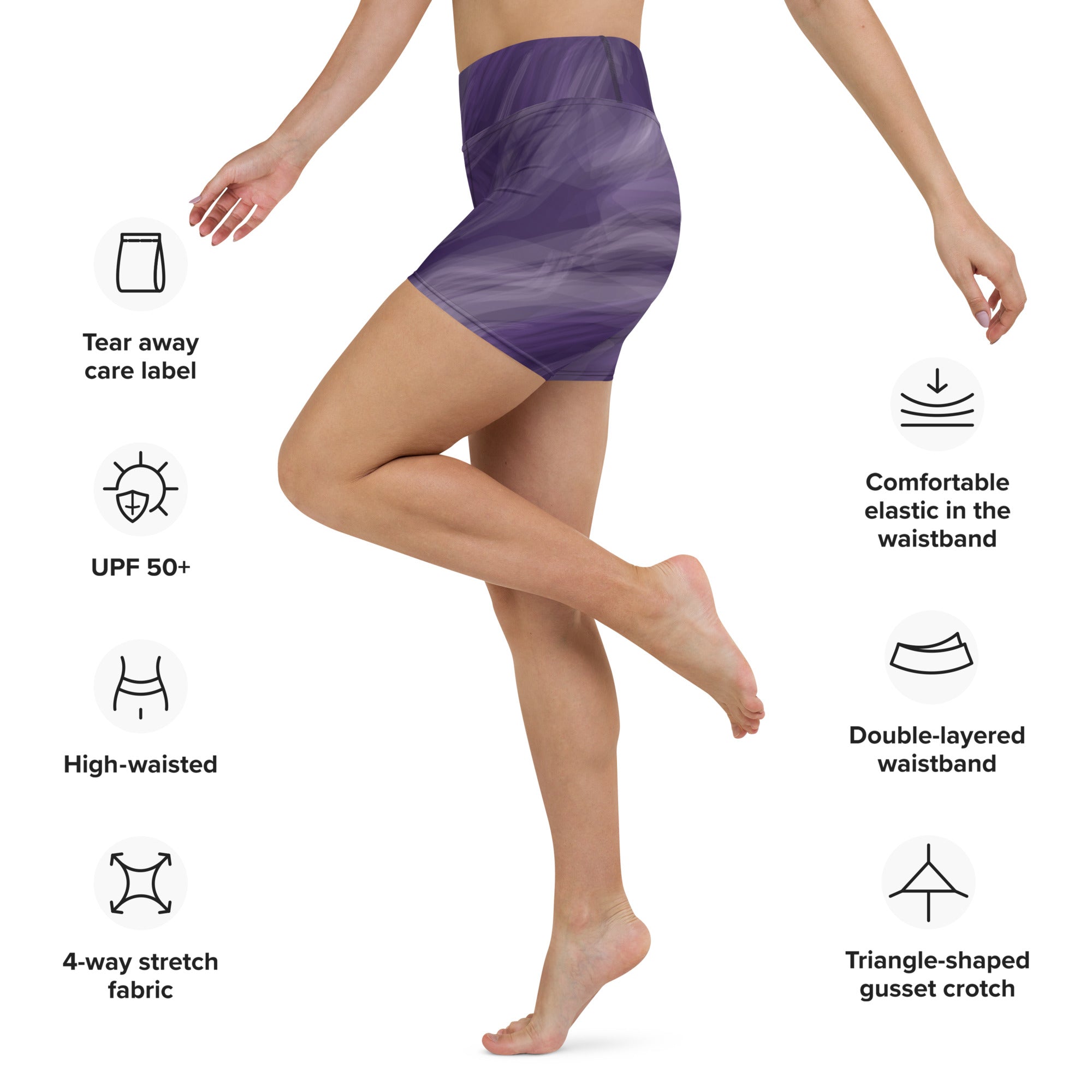 Women's-high-waisted-amethyst-swirl-yoga-shorts